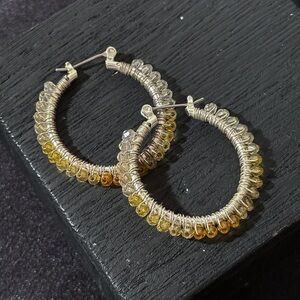 Vintage Silver Beaded Wrap Around Clear Gold Beads Hoops Hoop Small Earrings